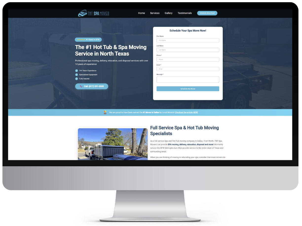 TNT Spa Mover website displayed on desktop